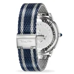 THOMAS SABO WA0268-2 Stylish Thomas Sabo watch featuring a blue and silver mesh band, showcasing its sleek back with engraved logo and details.